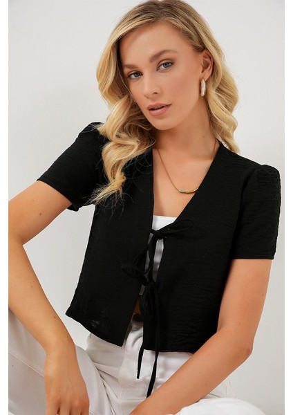 Ipeksi Kısa Kol Crop Bluz 958 - Siyah