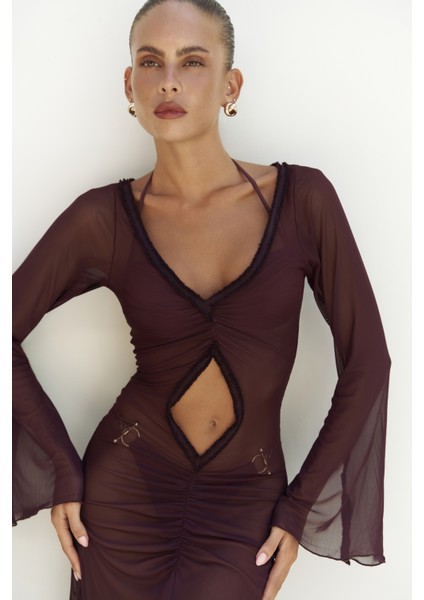 Alyona Dantel Detay Bordo Elbise