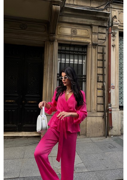 Ipeksi Saten Kruvaze Bağlamalı Bluz- Pantolon Takım - Fuşya fırsatları