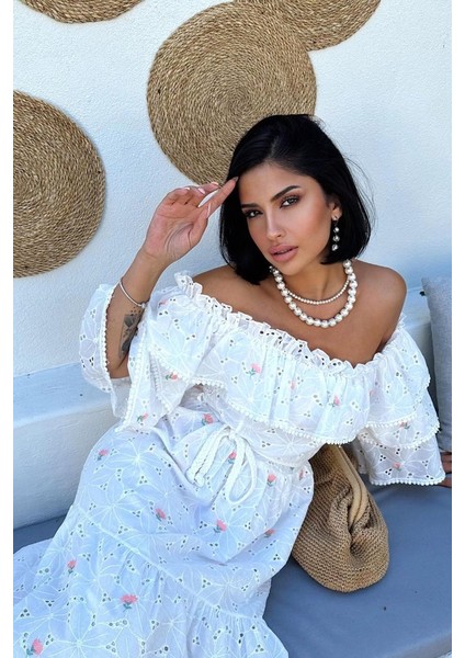 Ipeksi Pembe Omuzları Lastikli Brode Elbise fiyatları