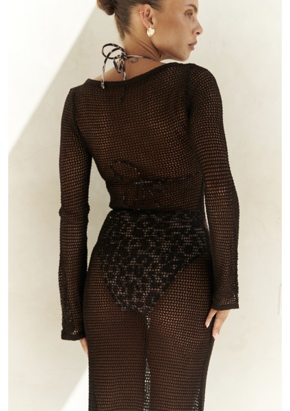 Wiras Bağcık Detay Kahve Triko Uzun Elbise