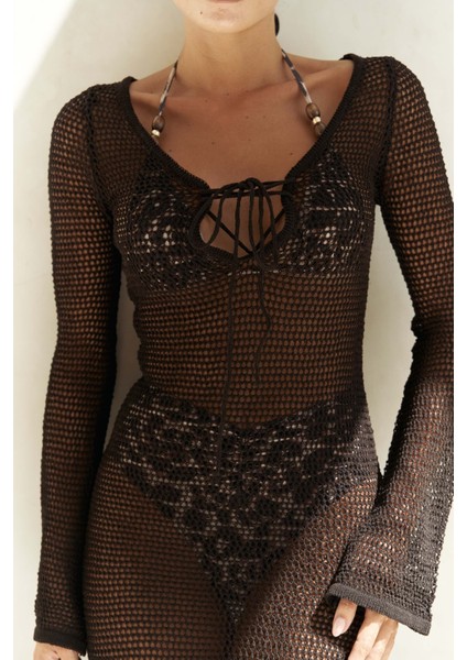 Wiras Bağcık Detay Kahve Triko Uzun Elbise