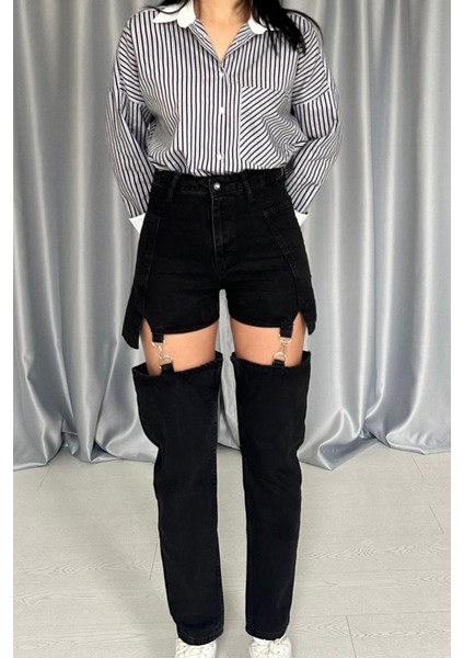 Ipeksi Siyah Askılı Iki Parça Jeans Pantolon