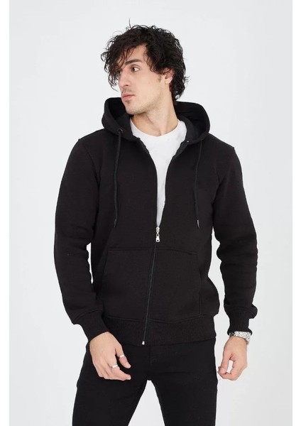 Ipeksi Erkek Kapüşonlu Düz Fermuarlı Hırka - Siyah