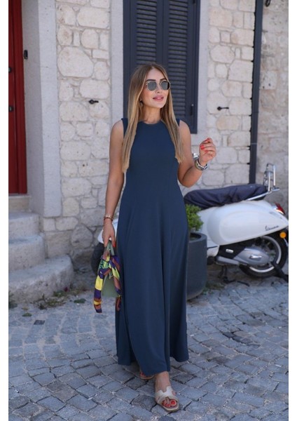 Ipeksi Kadın Sıfır Kollu Bisiklet Yaka Viskon Elbise modelleri