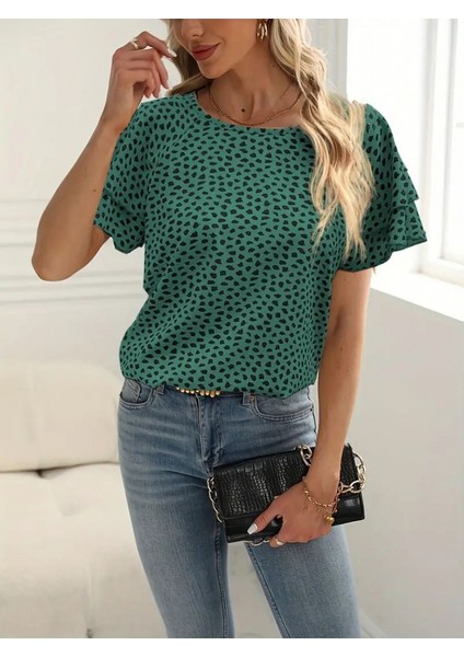 Ipeksi Kadın Kısa Kollu Kolları Volanlı Baskılı Süprem Bluz fırsatları