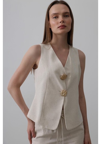 Ipeksi Düğme Detaylı Yelek - Krem