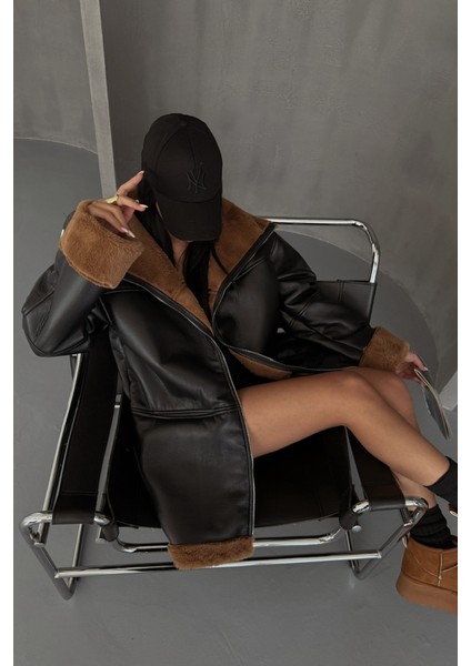 Ipeksi Deri Mont Kol ve Yaka Peluş Kapaksız Cep Detaylı - Siyah-Taba