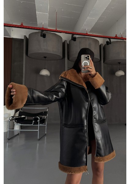 Ipeksi Deri Mont Kol ve Yaka Peluş Kapaksız Cep Detaylı - Siyah-Taba fiyatları