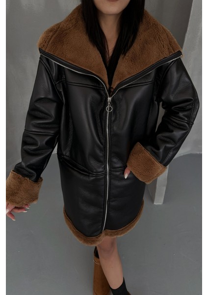 Ipeksi Deri Mont Kol ve Yaka Peluş Kapaksız Cep Detaylı - Siyah-Taba modelleri