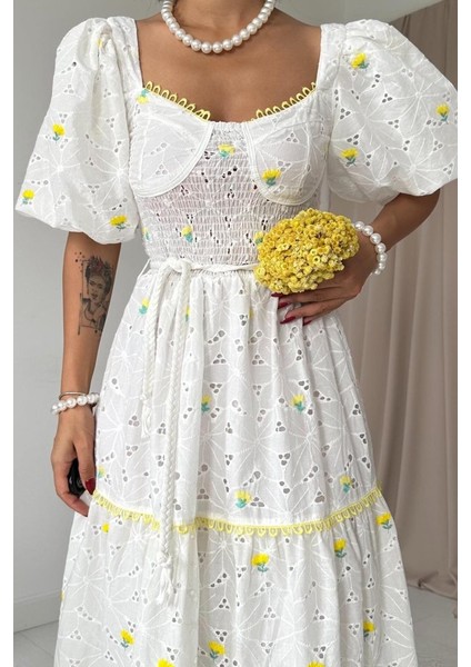 Ipeksi Sarı Dantel Detaylı Brode Elbise modelleri