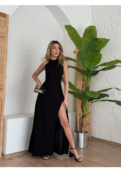 Ipeksi Kadın Halter Yaka Derin Yırtmaç Detaylı Tam Boy Ithal Krep Abiye Elbise modelleri