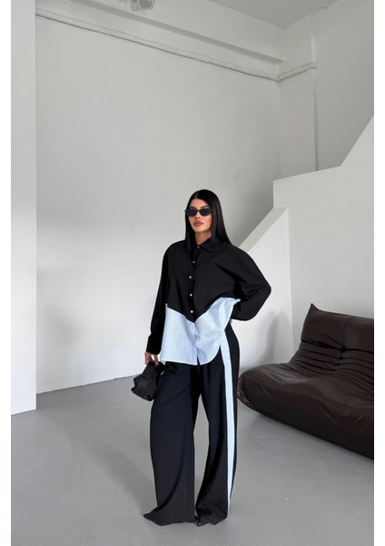 Ipeksi Polyviskon - Poplin Parçalı Gömlek Pantolon Takım - Siyah
