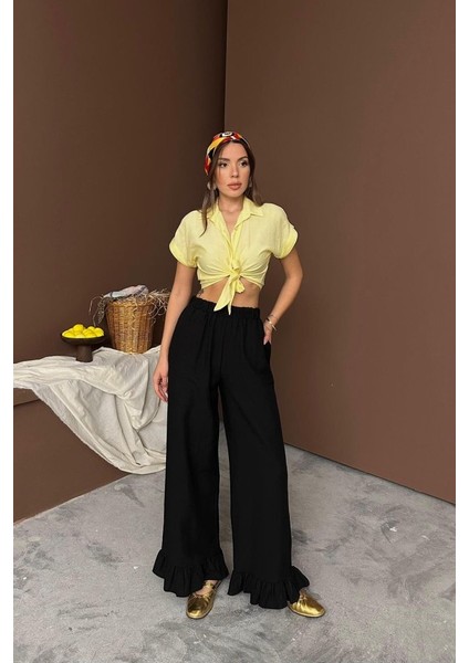 Ipeksi Siyah Paçası Fırfırlı Keten Pantolon