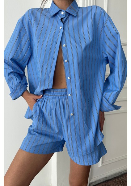 Ipeksi Poplin Çizgili Gömlek - Şort Takım - Mavi fiyatları