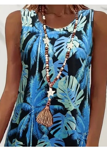 Ipeksi Kadın Mavi Yaprak Baskılı Askılı Süprem Elbise fiyatları