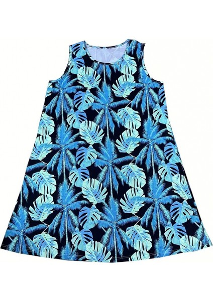 Ipeksi Kadın Mavi Yaprak Baskılı Askılı Süprem Elbise fırsatları