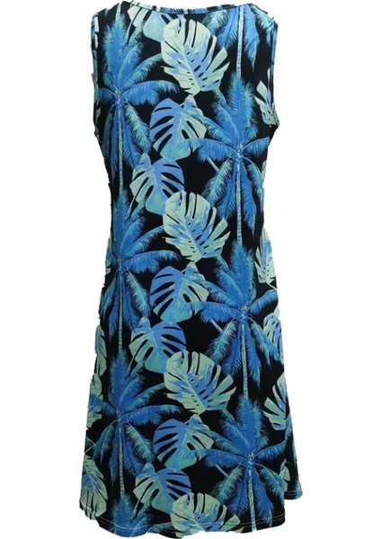 Ipeksi Kadın Mavi Yaprak Baskılı Askılı Süprem Elbise