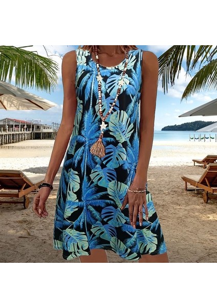 Ipeksi Kadın Mavi Yaprak Baskılı Askılı Süprem Elbise
