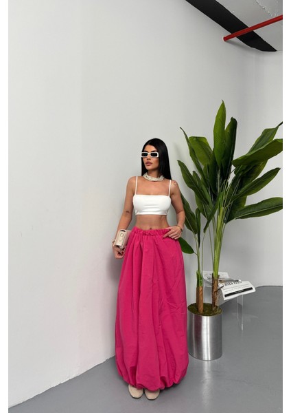 Ipeksi Bel Lastikli Balon Etek Şanel Boy Soft Kumaş - Fuşya