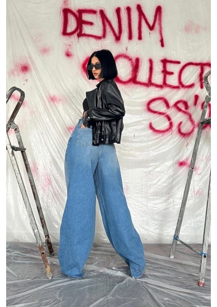 Ipeksi Mavi Geniş Paça Jeans Pantolon modelleri