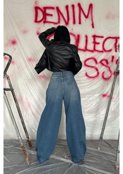 Ipeksi Mavi Geniş Paça Jeans Pantolon