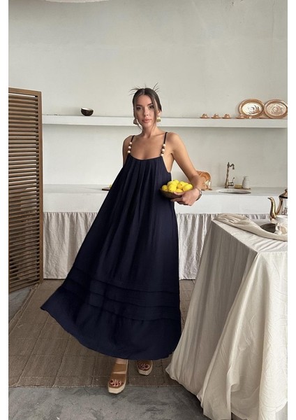 Ipeksi Lacivert Askılı Müslin Elbise