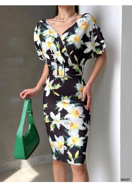 Ipeksi Kadın Dalgıç Kumaş V Yaka Çiçek Desenli Kuşaklı Kalem Elbise fiyatları