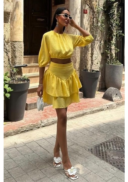 Ipeksi Crop Bluz ve Kat Kat Etekli Takım 10207 modelleri