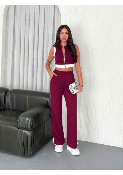Ipeksi Osy Modal Yumuşak Dokulu Kumaş Tam Fermuarlı Crop Pantalon Ikili Takım - Bordo