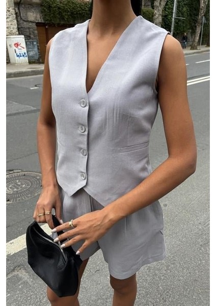 Ipeksi Yelek Şort Flamlı Keten Takım 10133-17 modelleri