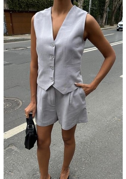 Ipeksi Yelek Şort Flamlı Keten Takım 10133-17