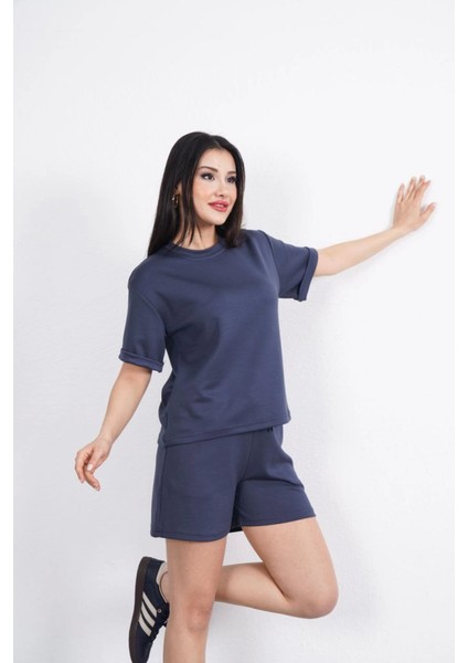 Ipeksi Osy Modal Yumuşak Dokulu Kumaş Bisiklet Yaka T-Shirt Kısa Şort Ikili Takım - Antrasit