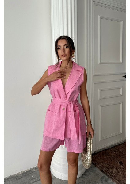 Ipeksi Keten Yelek - Şort Takım - Pembe fırsatları