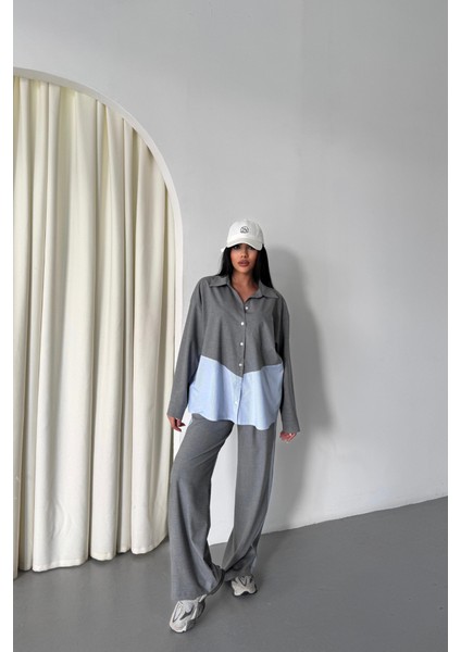 Ipeksi Polyviskon - Poplin Parçalı Gömlek Pantolon Takım - Gri
