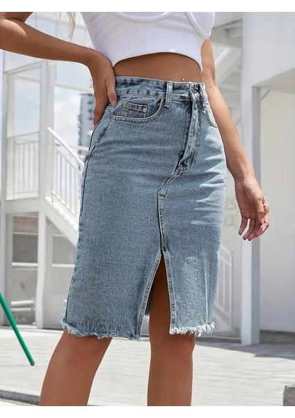 Ipeksi Kadın Elastik Bel Yırtık Kenar Detaylı Kot Etek fırsatları