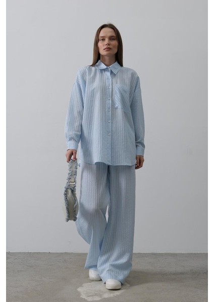 Ipeksi Çizgili Cep Detaylı Oversize Takım - Bebe Mavisi