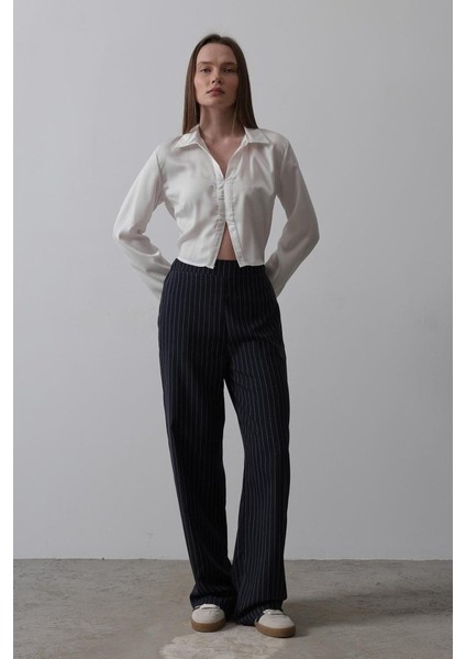 Ipeksi Beli Yarım Lastikli Palazzo Pantolon - Lacivert-Beyaz