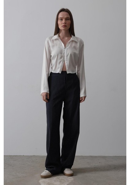 Ipeksi Beli Yarım Lastikli Palazzo Pantolon - Lacivert-Beyaz fiyatları