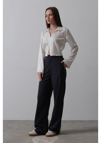 Ipeksi Beli Yarım Lastikli Palazzo Pantolon - Lacivert-Beyaz modelleri