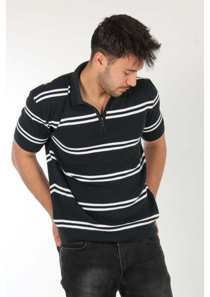 66562 Yakası Fermuarlı Çift Çizgi Desen Triko T-Shirt