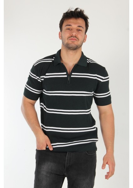 66562 Yakası Fermuarlı Çift Çizgi Desen Triko T-Shirt fiyatları