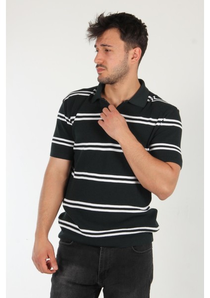 66562 Yakası Fermuarlı Çift Çizgi Desen Triko T-Shirt modelleri