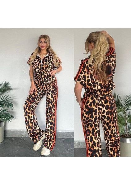 Ipeksi Kadın Dalgıç Kumaş Dijital Leopar Baskılı Şerit Detaylı Takım