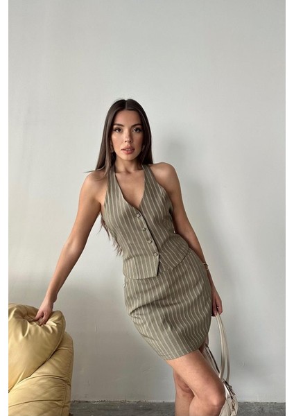 Ipeksi Haki Çizgili Yelek ve Etek Takım modelleri