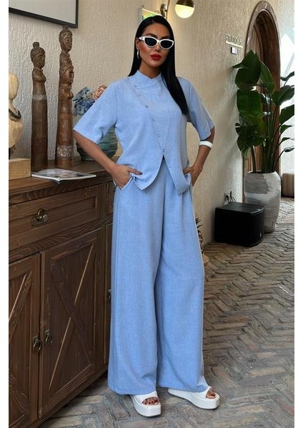 Ipeksi Hakim Yaka Çapraz Düğmeli Plazzo Pantolon Viscon Keten Takım 10091