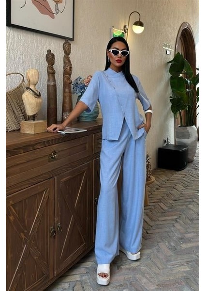 Ipeksi Hakim Yaka Çapraz Düğmeli Plazzo Pantolon Viscon Keten Takım 10091 fiyatları