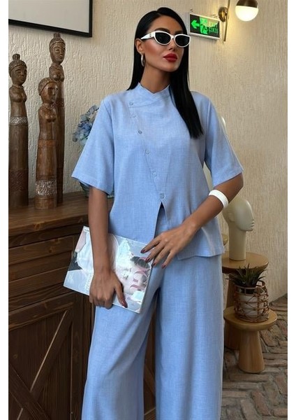 Ipeksi Hakim Yaka Çapraz Düğmeli Plazzo Pantolon Viscon Keten Takım 10091 fırsatları