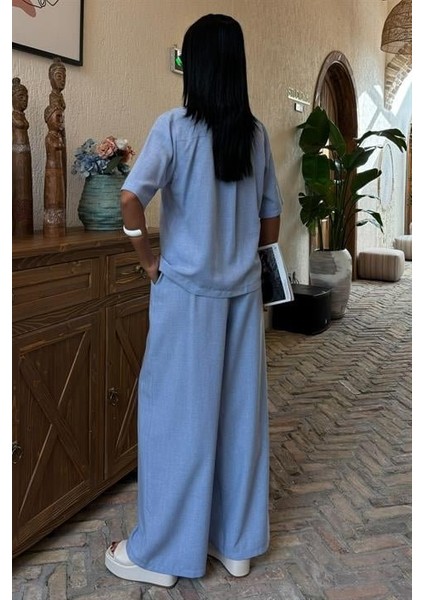 Ipeksi Hakim Yaka Çapraz Düğmeli Plazzo Pantolon Viscon Keten Takım 10091 indirimleri