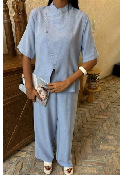 Ipeksi Hakim Yaka Çapraz Düğmeli Plazzo Pantolon Viscon Keten Takım 10091